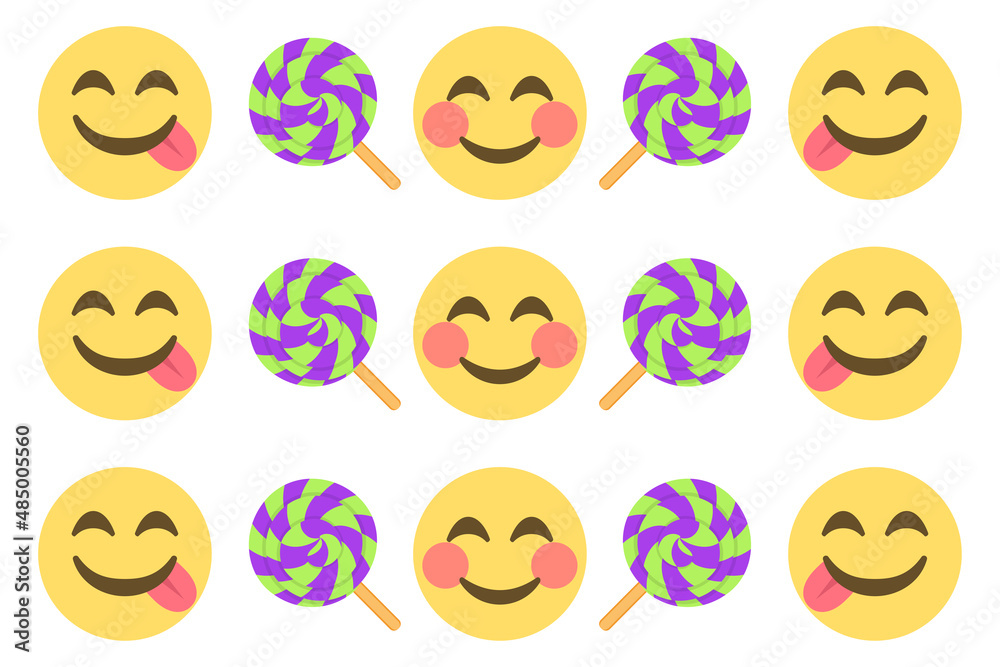 smiling faces and lollipop,sweet food emoji pattern on a white