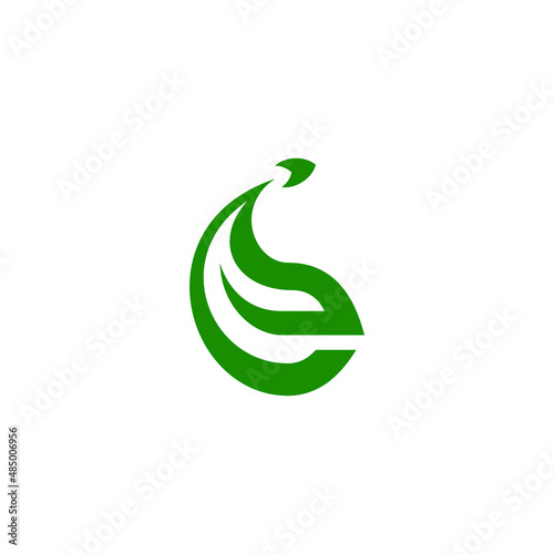 letter E leaf logo with launched rocket. Letter E initial. Nature logo