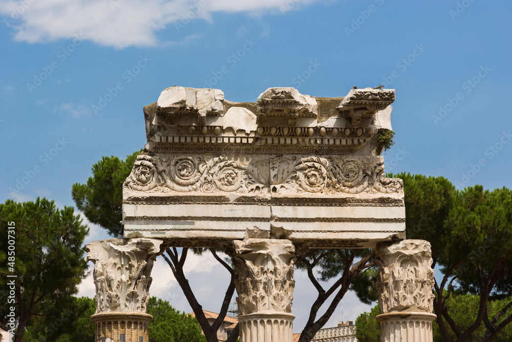 Ruins of corinthian columns at the Roman Forum, Rome, Italy