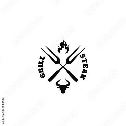 Grill house logo. Bullhead logo. Barbeque bar logo stamp with fork
