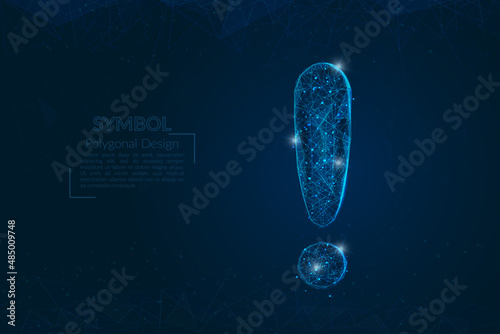 Abstract isolated blue image of a exclamation mark. Polygonal illustration looks like stars in the blask night sky in spase or flying glass shards. Digital design for website, web, internet.