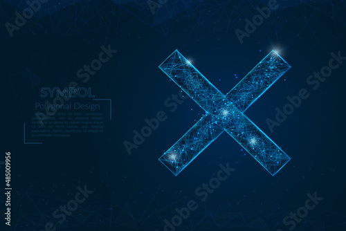 Abstract isolated blue image of a multiply sign. Polygonal illustration looks like stars in the blask night sky in spase or flying glass shards. Digital design for website, web, internet.