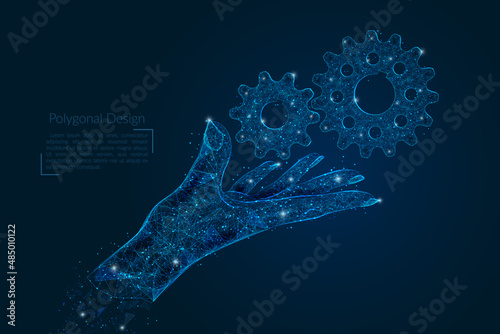 Abstract isolated image of human hand with cogwheels. Polygonal low poly style illustration looks like stars in the blask night sky in spase or flying glass shards.
