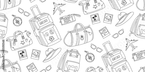 Travel seamless pattern vacation doodle journey drawn line scrapbook wrapper. Vintage camera, glasses photo, luggage suitcase compass, plane trendy design. Holiday baggage cartoon endless background
