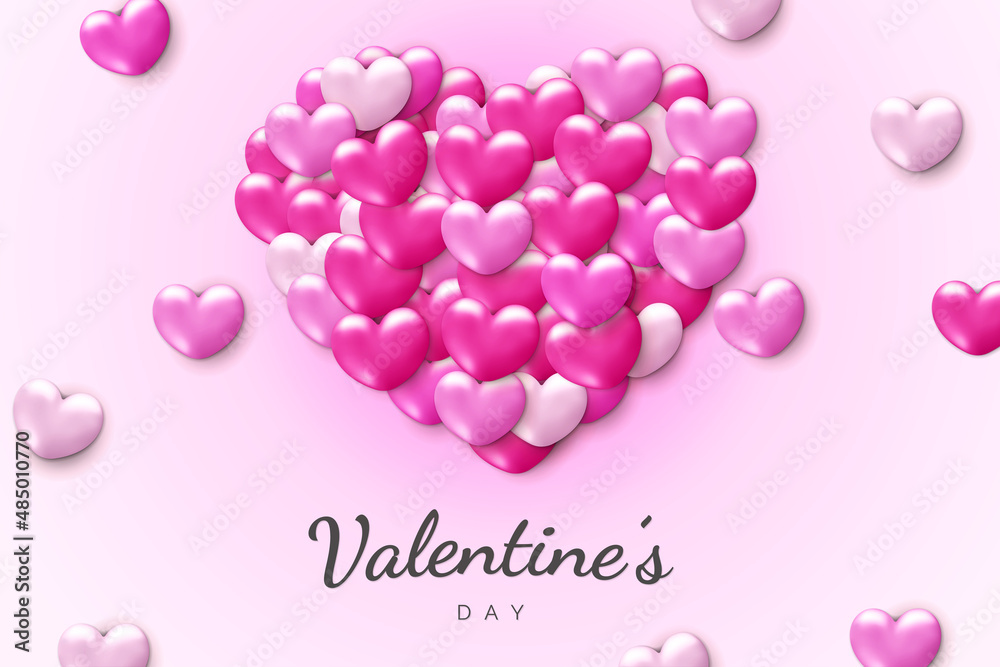 Happy Valentine's Day background with 3d pink heart ballons. Cute love banner or greeting card. Place for text