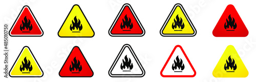 Triangle yellow fire warning signs. Set icons. Vector illustration