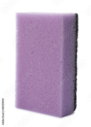 Purple cleaning sponge with abrasive black scourer isolated on white