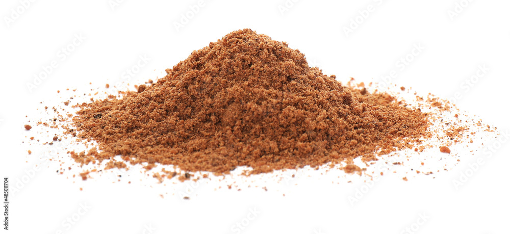 Heap of nutmeg powder on white background Heap of nutmeg powder on white background
