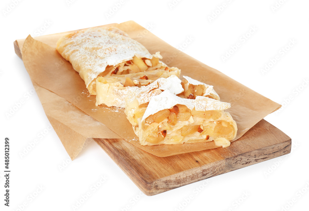 Delicious apple strudel with almonds and powdered sugar on white background