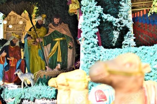 Three Kings. The Three Wise Men visit the baby Jesus in a manger