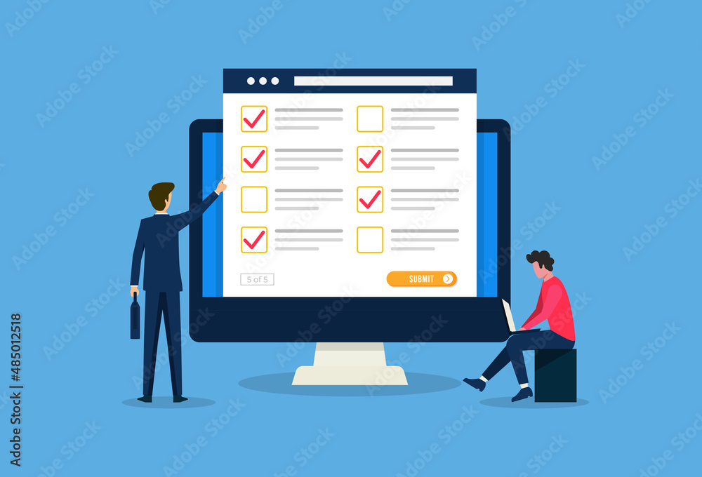 Online survey concept design for web or app. Businessmen fill online form computer flat vector