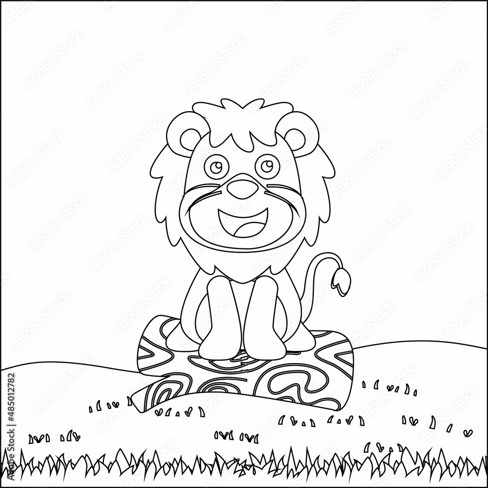 Seamless pattern of funny lion sit on tree trunk. Trendy children graphic with Line Art Design Hand Drawing Sketch Vector illustration For Adult And Kids Coloring Book. Seamless pattern of funny lion sit on tree trunk. Trendy children graphic with Line Art Design Hand Drawing Sketch Vector illustration For Adult And Kids Coloring Book.