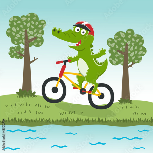Cute crocodile kid riding a yellow bicycle. Funny vector illustration. Creative vector childish background for fabric, textile, nursery wallpaper, poster, card, brochure. and other decoration.