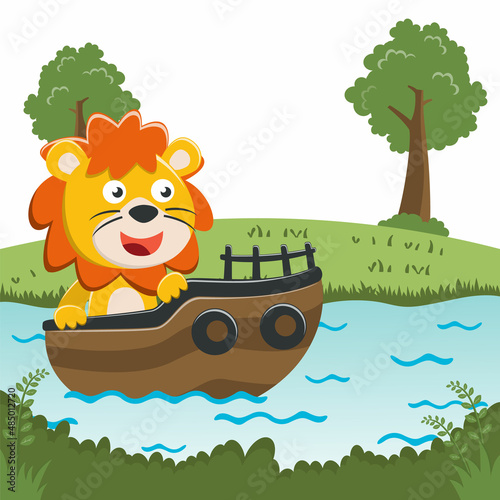 Fototapeta Naklejka Na Ścianę i Meble -  Funny lion cartoon vector on little boat with cartoon style. Creative vector childish background for fabric, textile, nursery wallpaper, poster, card, brochure. and other decoration.