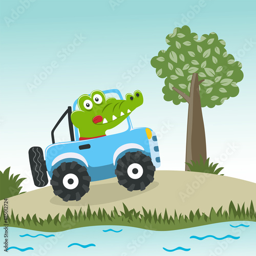 Cute little crocodile driving a car go to forest Creative vector childish background for fabric textile  nursery wallpaper  brochure. and other decoration.