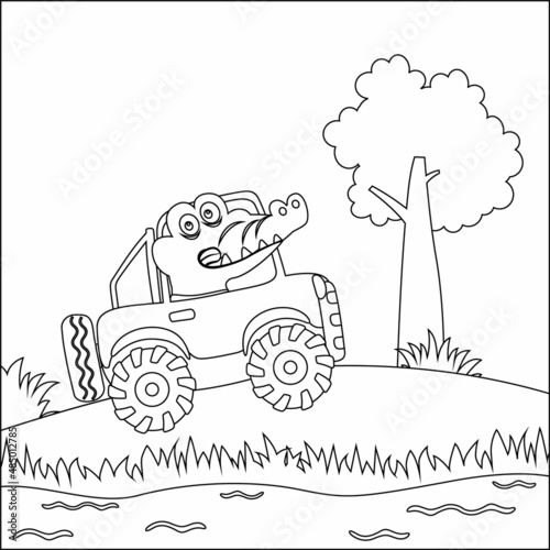 Cute little crocodile driving a car go to forest funny animal cartoon with Line Art Design Hand Drawing Sketch Vector illustration For Adult And Kids Coloring Book.