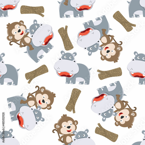 Fototapeta Naklejka Na Ścianę i Meble -  Seamless pattern of cute hippo and monkey playing together funny animal cartoon, Creative vector childish background for fabric textile, nursery wallpaper, brochure. and other decoration.