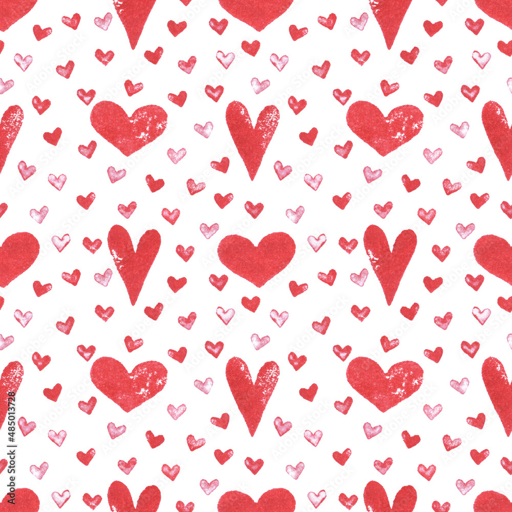 Seamless pattern red heart stamp imprint. Symbol of love, Valentine's day. Perfect print for wrapping paper, scrapbooking, party background, textile, fabric.