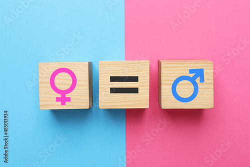 Gender equality. Wooden cubes with equal, male and female signs on color background, flat lay photo