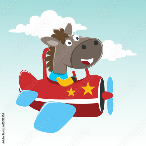 Cartoon illustration of cute horse flying in an airplane, Creative vector childish background for fabric, textile, nursery wallpaper, poster, card, brochure. and other decoration. photo