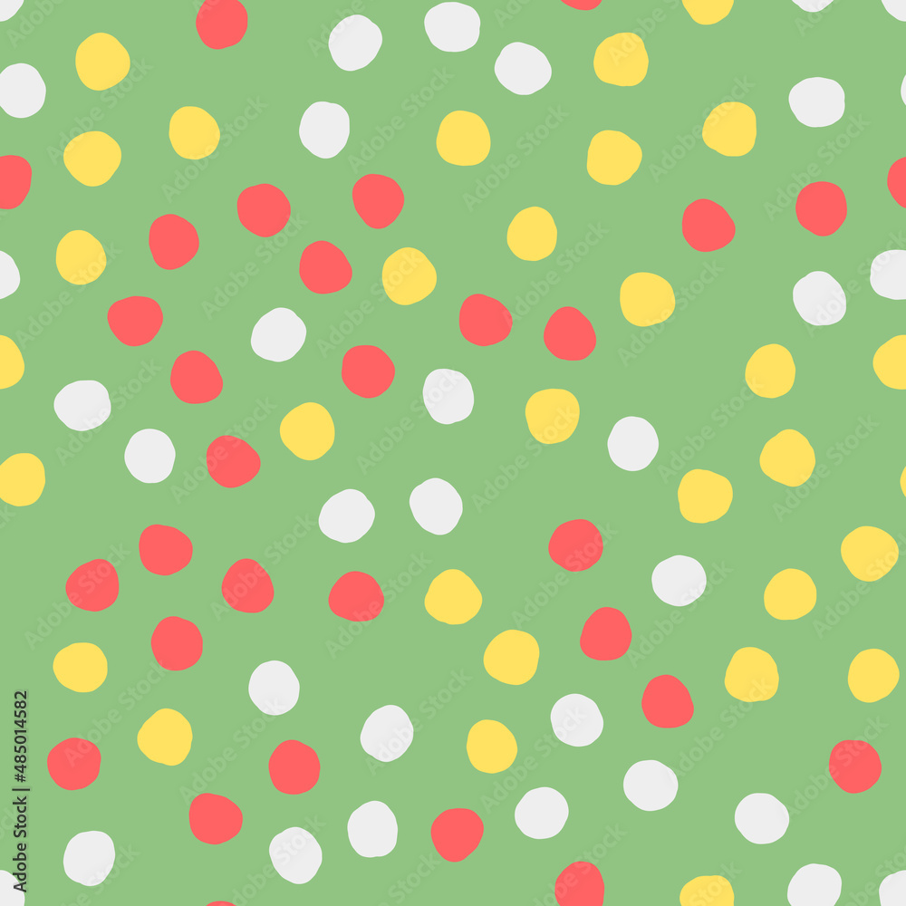 Seamless pattern with hand drawn circles. Abstract geometric spring pattern with pink, white and yellow circles. Random, chaotic pastel green background with cute bubbles.