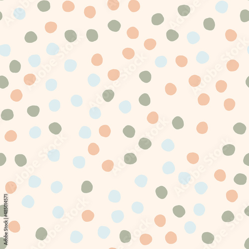 Seamless pattern with hand drawn circles. Abstract geometric pattern with gray, blue and orange circles. Random, chaotic pastel background with cute bubbles.