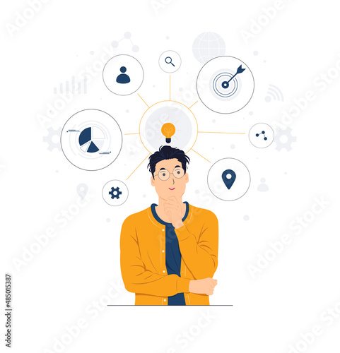 man with glasses touching his chin get an idea, innovation and mind map concept illustration