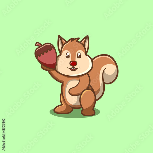 Cute squirrel holding nut acrorn isolated cartoon illustration