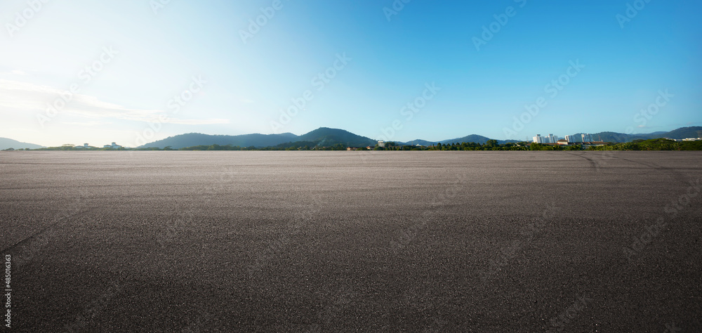 Panorama empty asphalt road and tarmac floor with moutain on back - obrazy, fototapety, plakaty 