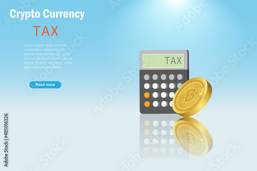 Bitcoin and tax payment on crypto currency investment and defi decentralized finance. 3D bitcoin with calculator calculate tax revenue rate. Crypto investment tax and  digital stock market trading.