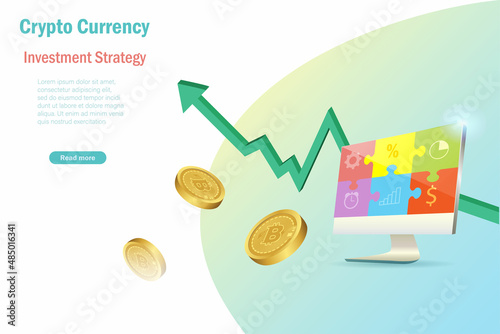 3D bitcoin crypto currency with growth graph and investment strategy in jigsaw puzzles on computer. Make profit and success on bitcoin investment, defi decentralized finance concept.