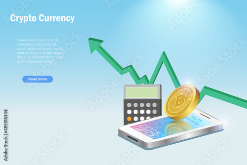 3D bitcoin growth graph profit and calculator on smart phone. Crypto currency investment, defi decentralized finance. Crypto investment profit and successful in digital stock market trading.