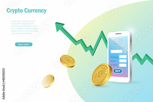 3D bitcoin crypto currency with growth graph and digital stock trading application on smart phone. Bitcoin investment, defi decentralized finance concept. Crypto digital money stock market.