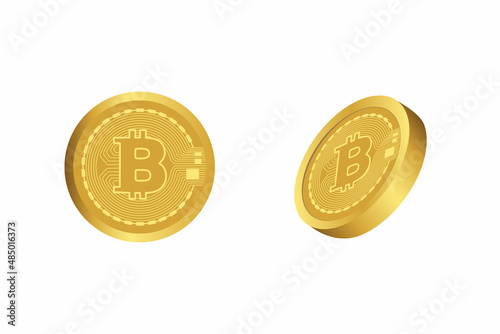 3D bitcoin isolated on white background in front and side view. Bitcoin, crypto currency, defi decentralized finance concept. For crypto investment and  digital stock market trading.