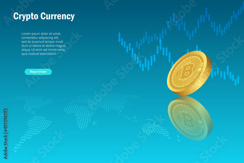 Bitcoin, crypto currency investment, defi decentralized finance concept. 3D bitcoin with growth graph on world map. Crypto exchange wallet and digital money stock market.