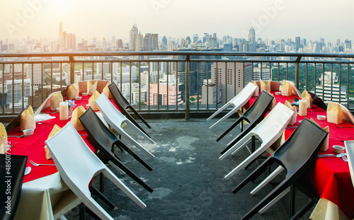 Coronavirus impact, empty restaurant and cafeteria tables