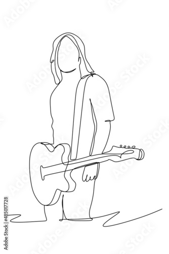 Continuous line drawing of a male guitarist rocker play his electric guitar. Dynamic musician artist performance concept single line graphic draw design vector illustration