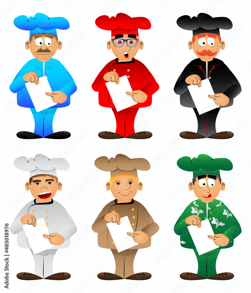 Fat male cartoon chef in uniform holding white paper and pointing at it. Vector illustration. Fat male cartoon chef in uniform holding white paper and pointing at it. Vector illustration.
