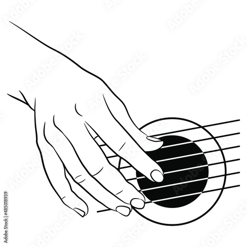 Human female hand playing the strings of guitar in elegant gesture. Black and white linear silhouette. Cartoon style. Isolated vector illustration. 