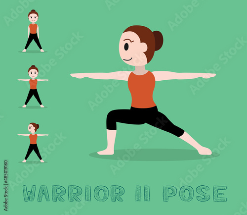 Yoga Tutorial Warrior II Pose Cute Cartoon Vector Illustration