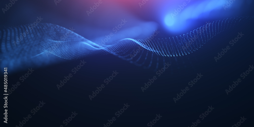 Abstract colorful digital particles wave with bokeh and light background, 3d render wave line dot background, line wave light glowing effect particular background.	
