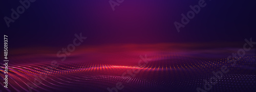 Abstract colorful digital particles wave with bokeh and light background, 3d render wave line dot background, line wave light glowing effect particular background. 
