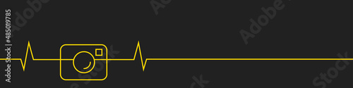 Photo camera horizontal banner. Heartbeat cardiogram line. Flat vector illustration isolated on black background.