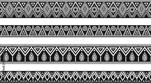 Vector set of seamless monochrome geometric Indian ornaments. Borders, frames, patterns of indigenous peoples of the Americas, Aztec, Maya, Incas.
