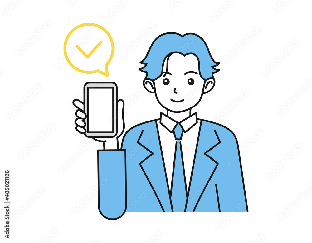 スマートフォン(スマホ)を手に持って画面を見せる男性のイラスト スマートフォン(スマホ)を手に持って画面を見せる男性のイラスト