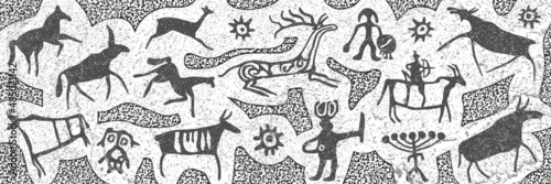 Panel on the ethnic theme. A series of petroglyphs, rock paintings, vector design. 