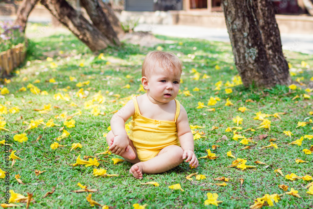 Adorable baby girl with blond hair is playing on grass with yellow flowers. Summer sunny day in park. Adorable baby girl with blond hair is playing on grass with yellow flowers. Summer sunny day in park.
