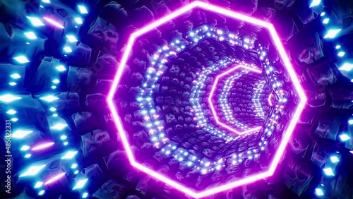 Glowing Octagon Shape Neon Light in the Cartoon Rock Texture Tiled Tunnel VJ Loop