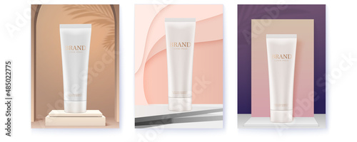 Tube of cosmetic product ads posters set. Skincare cream tubes.