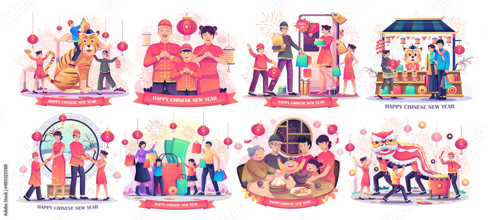 Set of Chinese New Year with Asian Family is having a reunion dinner. children playing with a Chinese dancing lion. family online shopping. flat style vector illustration Set of Chinese New Year with Asian Family is having a reunion dinner. children playing with a Chinese dancing lion. family online shopping. flat style vector illustration
